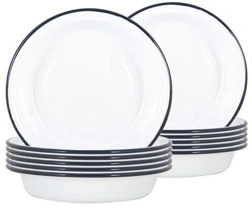 Argon Tableware White Deep Bowls - 22.5cm - Pack of 12 - Blue Salad Bowls Metal Enamel Cereal Bowls Lightweight Camping Serving Bowls for Snacks, Pasta, Cereal, Salad