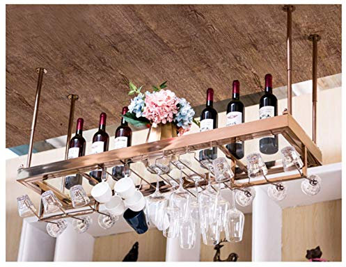 Sywlwxkq An der Wand montierte Weinregale aus Edelstahl, Deckendekorationsregal, Weinflasche und Weinglashalter, Bar-Wohnkultur, Gold- / Rotweinfarbe