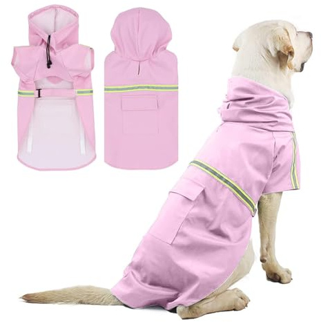 PETCUTE Hunderegenmantel mit Kapuze,Wasserdicht Hunde Regenmantel mit Reflektierenden Streifen,Verstellbarer Hunde Regenjacke mit Kragenloch für Kleine Mittelgroße und Große Hund,M