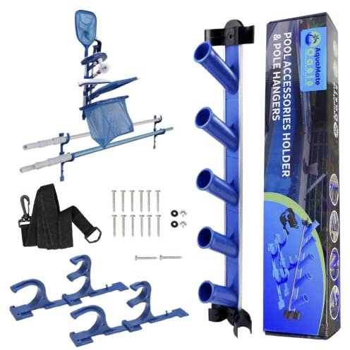 AquaMate Oasis Soporte para accesorios de piscina, ganchos para postes y correa de manguera, kit de organizador perfecto para postes, cepillos, redes y accesorios de vacío, mantenimiento, resistente