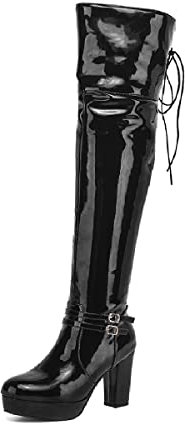 JIEEME Patent leather fashion round toe block heel zipper lace-up high heel with 10 cm easy walking overknee boots for women big size 35-46 t998-52