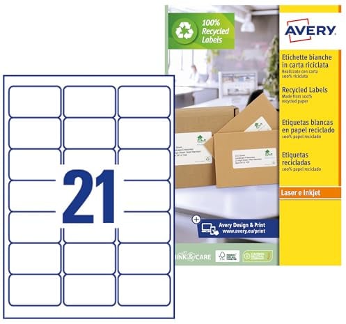 Avery España LR7160-15 Klebeetiketten, recycelt, 315 Etiketten, 63,5 x 38,1 mm, DIN A4, 15 Blatt