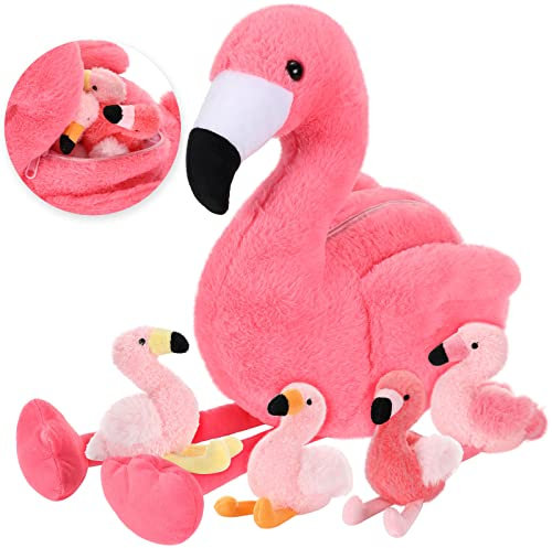 Skylety 18 Pouces Animal de Flamant Rose en Peluche avec 4 Jouets de Bébé à Intérieur - Maman Flamant avec Ventre Zippé pour Cadeau d'Anniversaire Noël