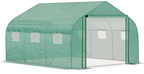 Outsunny Serre Tunnel de Jardin Grande 3.5 x 3 x 2 m - 6 fenêtres et Porte zippée Enroulable - Acier galvanisé PE Haute densité Vert