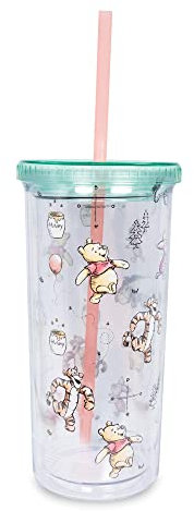 Disney Winnie the Pooh Character Toss Tasse de carnaval de 591 ml avec paille réutilisable et couvercle étanche – Tasse froide en plastique pour boissons boba au lait, thé, accessoires essentiels pour