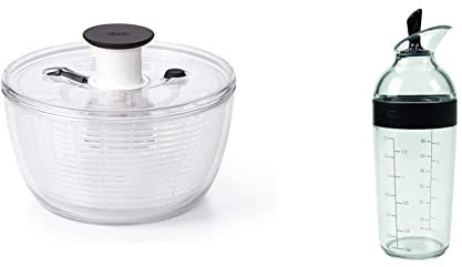 OXO Mini essoreuse à salade Good Grips 4.0, transparente, petit - Bol 2,7 L, panier 1,9 L & Good Grips – Shaker à vinaigrette - Shaker pour sauce salade - Bouteille transparente noire