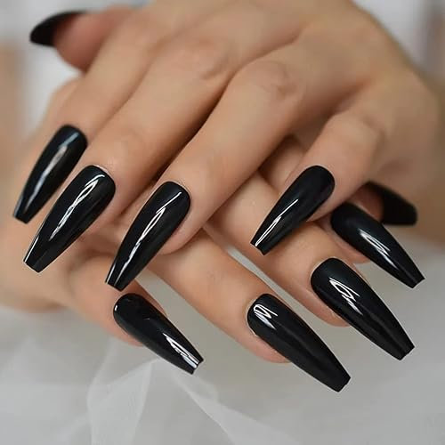 A N K 24 pieces Long Coffin Bellarine Tapered full coverage glossy false Nails, Fake Arcylic press on nails hand manicure for women and girls (Black long tapered coffin ballerina)