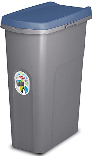 Home Centre Plastic Lift Top Lid Waste Bin Kitchen School 40 Litre Blue-Grey Slim Recycling General Trash & Storage Recycled Rubbish Organiser Container Dustbin Sturdy Quality Made in Italy