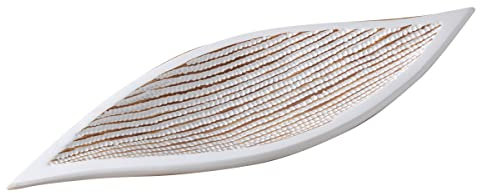 ROCKING GIFTS Plato Bandeja Centro de Mesa en Forma de Hoja Blanca con Relieve Étnico Marrón, Vaciabolsillos Elegante de Resina Decorativo para Entrada, Comedor, 63 cm