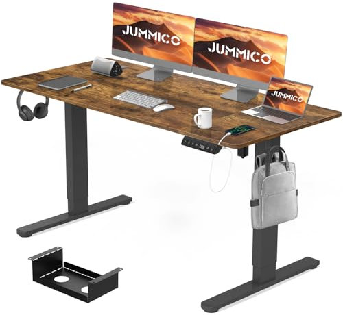 JUMMICO Electric Standing Desk 140x70 cm with Charging Port, Height Adjustable Computer Desk with Cable Tray,Ergonomic Sit Stand up Desk Rising Table Home Office Furniture, Vintage Brown