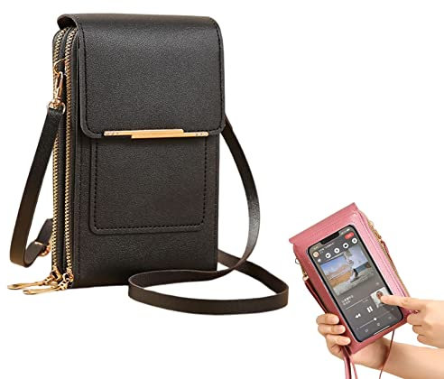 Multifunktionale Touchscreen-Handytasche, Anti-Diebstahl-Umhängetaschen aus Leder für Damen, Messenger-Tasche, Kleine Handy-Umhängetasche mit Touchscreen (Black)