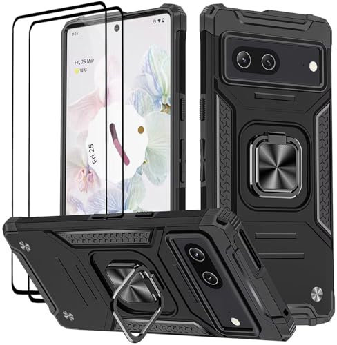 KANSi Cover per Google Pixel 7, Vetro Temperato [2 Pack] Custodie Silicone TPU 360° Rotante Anello Magnetica Anello Ring Supporto Bumper - Nero