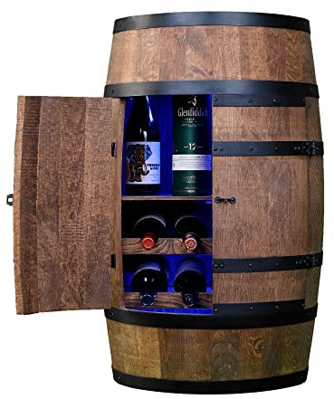 CREATIVE COOPER Weinregal Holz mit Tür mit LED RGB - Weinliegen und Regal - Alkoholschrank Flaschenregal - Holzfass - Fassmöbel - Weinfass - Weinbar - Fass bar mit Tür - 80 cm Wenge