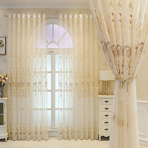 Lsimeru Retro Barock Gardinen Durchsichtig Beige Palast Stickerei Klassische Tüll Vorhäng Transparent Muster Ösen Ösenschal Fenstervorhang Schlafzimmer Wohnzimmer 2er Set,140x225