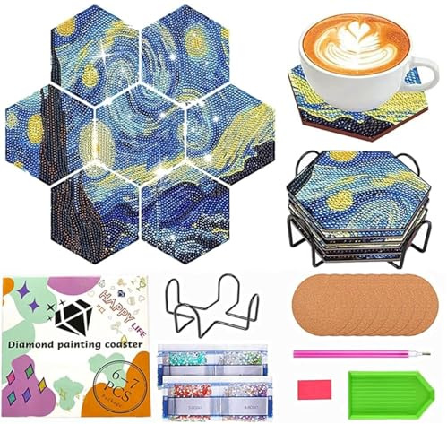 NUFTVI Diamond Art Coasters Van Gogh Starry Night, 7 PCS Diamond Art Hexagonal Coasters with Holder, Small Diamond Painting Kits for Adults Beginners