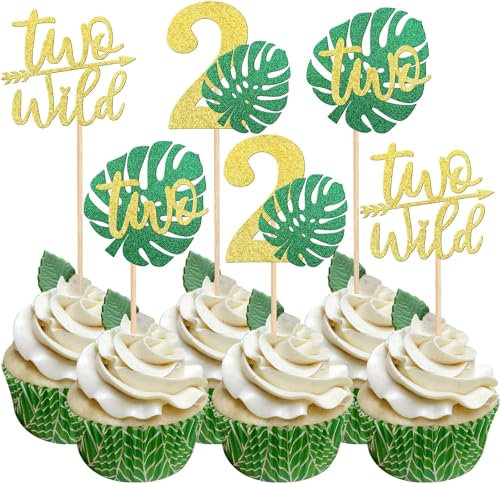 SYKYCTCY 30 PCS Two Wild Cupcake Toppers Glitter Monstera Leaf Two Cupcake Picks Palm Leaves 2nd Birthday Cake Decorations for Jungle Safari Theme Baby Shower Kids Second Birthday Party Supplies