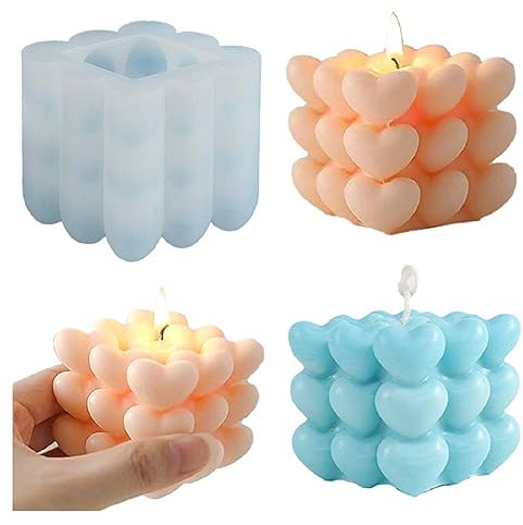 XNSHUN Valentinstag Herzform Kerzen Form, 3D DIY Silikonform Kerzen Gießen Formen, Herz Bubble Kerzenform Cube Silikon Kerzenformen Zum Gießen Für Kerzenherstellung Handwerk Ornamente