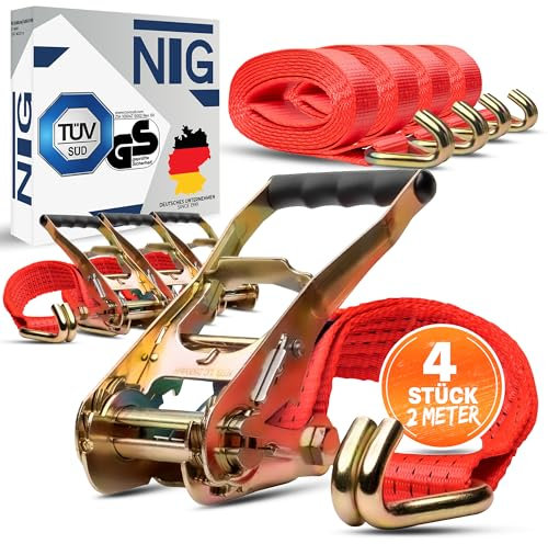 Spanngurte | Zurrgurte | 2m | 5t (2500/5000 daN, KG) Zweiteilig | 50mm | mit Ratsche und Haken | Ratschengurte | TÜV/GS geprüft (4 Stück)