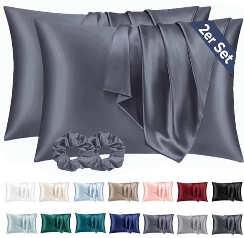 Vielit 2er Set Satin Kissenbezug 40 x 80 Blau Violett, Weich wie Seidenkissenbezug 40x80,Bessere Pflege als Silk Pillosecase,Satin Kopfkissenbezug Kissenhülle für Haar und Haut mit 2 Haargummis