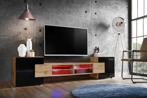 Komodee, Merano Bank TV Schrank, Wotan Wotan Schwarz, LED RGB, Breite 230 cm x Höhe 52,5 cm x Tiefe 35 cm, für Wohnzimmer, Schlafzimmer