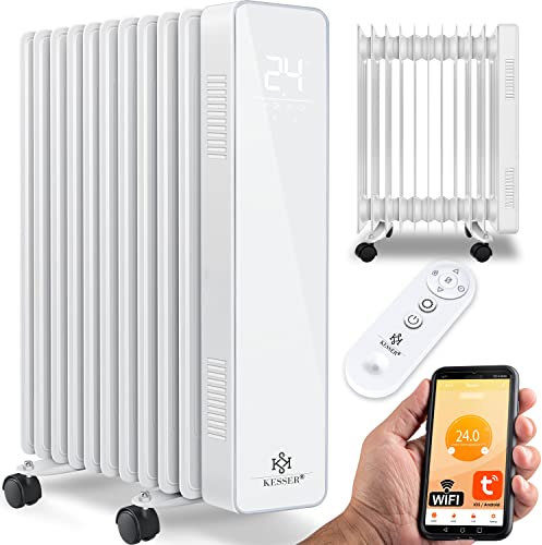 KESSER® Radiador de aceite, 2500 W, calefacción eléctrica móvil, ahorro de energía con control de aplicaciones wifi y pantalla táctil LED, mando a distancia, radiador de 11 costillas, temporizador de