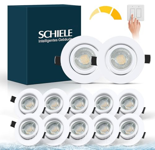 Schiele LED Einbaustrahler Einbauleuchten Flach Spots 230V, Dimmbar 68-78mm Lochmass, 7W Warmweiß Deckenspots Weiß IP44 für Badezimmer Wohnzimmer,12er Set