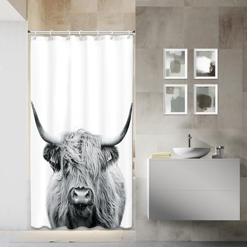 AMBZEK Kleiner Duschvorhang mit Highland-Kuh-Motiv, 91 x 183 cm, Westernbull, Einzelbett, Wohnmobil, Bauernhaus, Rinder, Land, lustiges Kunstwerk, Stoff, wasserdichtes Polyester, Badezimmer-Dekor-Set