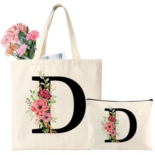 Personalisierte Baumwolltasche Initial Canvas Tote Bags, Tragetasche mit Buchstaben, Initialen Einkaufstaschen Geschenk für Frauen Kollegin Freunde zum Geburtstag, Hochzeit, Muttertag (D)
