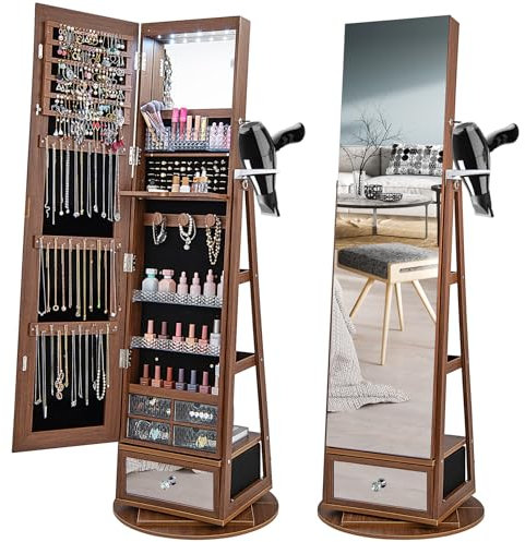 RELAX4LIFE Armoire à Bijoux Pivotante à 360ºavec Miroir Pleine Longueur, Miroir Bijoux sur Pied LED avec Support Sèche-Cheveux, Grand Tiroir, 3 Étagères pour Rangement Bijoux (Brun)