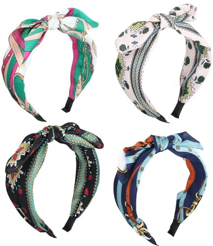 4 Stück Haarreifen für Frauen, Breit Bedrucktes Stoff Haarband, Schleife Haarband, Rutschfest Knoten Kopfband für Tägliches Tragen/Dating/Sport/Outdoor (4 Entwürfe)