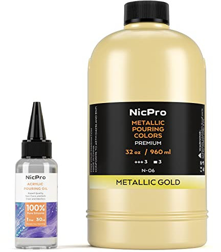 Nicpro Pittura acrilica metallizzata color oro, 907,2 g, vernice premiscelata con olio in silicone e guanti per tela, roccia, creazione di cellule di legno, pittura artistica fai da te, pronta da