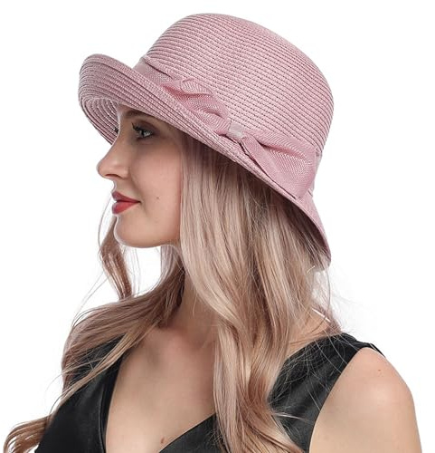 Generisch Damen Strohhut Fedora Trilby Hüte Eleganz Panama Hut mit Bowknot Faltbar Sommerhut Sonnenhut UV-Schutz Strandhut mit Breite Krempe für Strand, Urlaub, Reisen