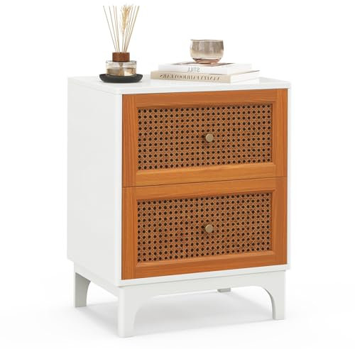 COSTWAY Nachttisch Rattan, Nachtschrank mit 2 Schubladen, Beistelltisch mit Massivholzbeinen, Nachtkommode im Boho-Stil, Sofatisch für Schlafzimmer, Wohnzimmer, 46 x 33 x 59,5 cm