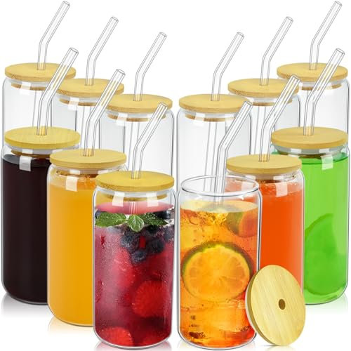 Artcome Juego de 12 vasos con tapa de bambú de 16 onzas – Vasos de vidrio en forma de lata con popote de vidrio, ideal para cerveza, café helado, té, whisky – Incluye 2 cepillos de limpieza – Vasos