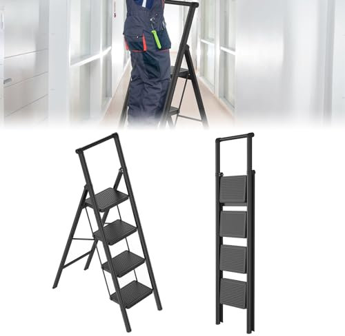 UISEBRT Escalera plegable de 4 peldaños con pasamanos, escalera doméstica, escalones antideslizantes amplios, soporta hasta 250 kg, escalera para el hogar, oficina, cocina, color negro