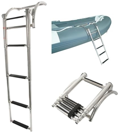 HIBO Edelstahl Schlauchboot Leiter - Ausziehbar bis 110 cm - 4 rutschfeste Stufen - Inklusive Spanngurt - Salzwasserbeständig - Einfach Befestigbar