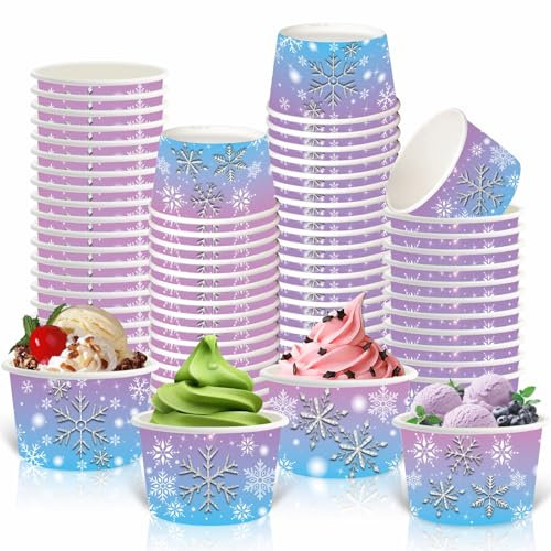 LANCU 60PCS Snowflake Treat Snack Cups Paper Bowls 8oz Ice Cream Bowls Disposable Snowflake Soup Bowls Disposable Hot or Cold Food Blue Purple Winter Themed Party Holiday Dessert Bowls