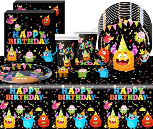 Kit d'anniversaire pour enfant au motif de monstres - Vaisselle de fête à thème dessin animé avec assiettes en carton, tasses, nappes, serviettes - Pour fête d'anniversaire