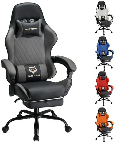 play haha. Gaming Stuhl Bürostuhl Drehstuhl Computerstuhl Arbeitsstuhl Schreibtischstuhl Ergonomischer Stuhl Rennstuhl Lederstuhl PC Gaming Stuhl (Grau mit Fußstütze)