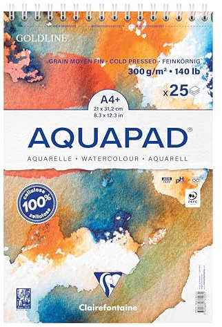 Clairefontaine 976103C - Spiralblock Aquarellalbum Goldline Aquapad A4 21x29,7 cm, Aquarellpapier, 25 Blatt 300g, Naturweiß, mittelfein, 1 Stück
