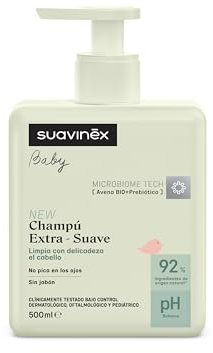 Suavinex, Champú Extra - Suave para Bebés, Cabello Suave y Brillante, No Pica en los Ojos, Sin Lágrimas, Sin Jabón, Apto Pieles Sensibles, 92% Ingredientes Origen Natural, con Prebiótico, 500 ml