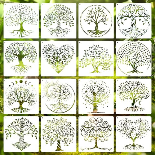 16Pcs Tree of Life Stencils for Painting on Wood, Canvas, Wall, Paper – Reusable PET Tree Stencil Templates for Crafts, Scrapbooking, Furniture, DIY Home Decor and Art Projects