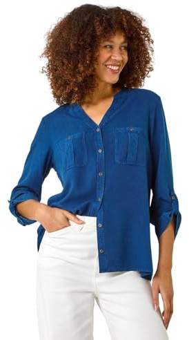 Roman Buttoned Pocket Shirt for Women UK - Ladies Autumn Everyday Winter Holiday V-Neckline Comfy 3/4 Sleeve Soft Flat Collar Blouse Office Desk Tops - Denim - Size 20