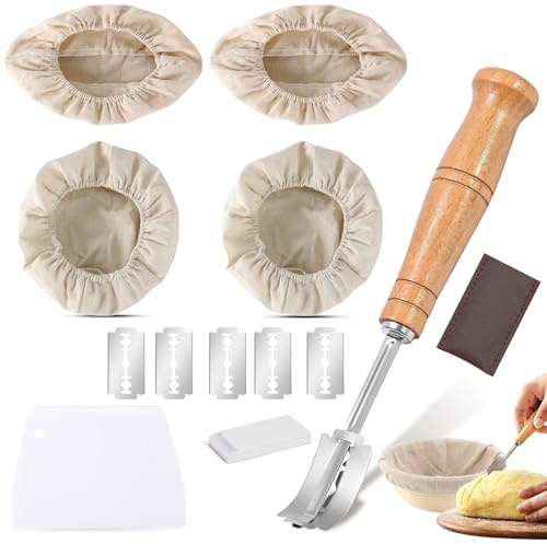 Fizdoqg 6 Stück Brot Backen Zubehör, Brot Gärtuch, Leinentuch für Backen | Gärkorb Tuch Zubehör mit Gärtuch Teigmesser und Teigschaber Leinenhauben Passen Perfekt an Alle Regulären Gärkörbchen.