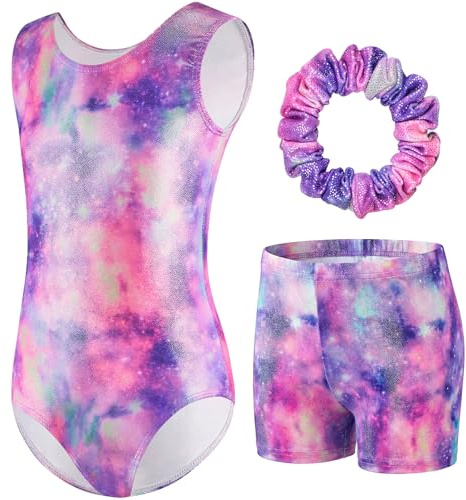 FILOWA Gymnastiktrikåer för flickor 3-delat set långt/ärmlös gymnastiktröjor med shorts och pannband glänsande outfit gradient färg barn 3–14 år gammal