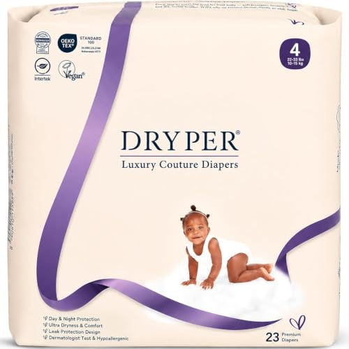 Baby Windeln DRYPER Größe 4, 23 Stück, Öko-Tex, hypoallergen 10-15kg | FSC-zertifiziert und vegan, Ultra dünn, Weich, Empfindliche Haut, 3D Auslaufschutz, kompostierbare Verpackung, Nässeindikator