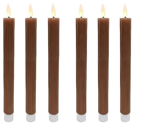 Relaxdays LED Stabkerzen, 6er Set, HxD: 25 x 2 cm, flackernde Flamme, Echtwachs, mit Rillen, flammenlose Kerzen, Coffee