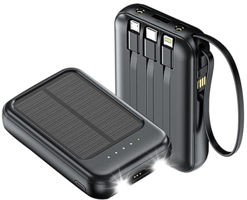 Solar Powerbank Klein 10000mAh Mini Power Bank mit Leuchte (Schwarz) | Tragbar Powerbank Solar für Camping Zubehör IP65 Wasserdicht Allgemein Power Bank mit Type-C Micro USB Lightning