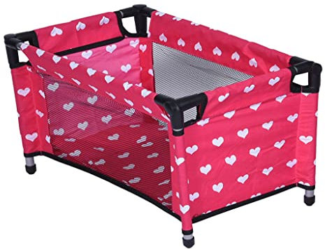 The New York Doll Collection Pink Doll Travel Cot Bed With White Hearts Design- fit 18 inch/46cm Dolls - Baby Toy Accessories Includes Zip Up Storage Bag For Fashion Girl Dolls - Doll Play Accessories