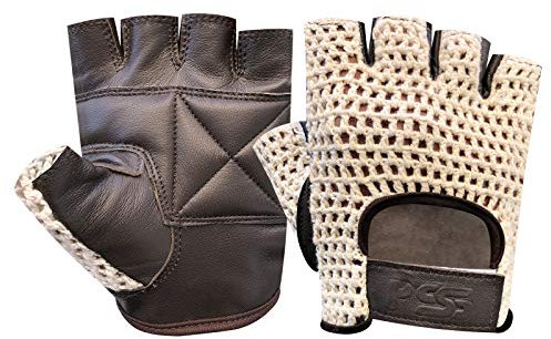 Prime Leder NET Leder Finger WENIGER Handschuhe Gym Training Bus Fahren Fahrrad Handschuhe WEIß Leder-Weiss Netz BRAUN - BRAUN/WEIß, L